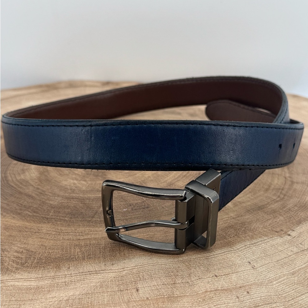 Men’s Reversible Navy & Brown Leather Belt with Gunmetal Buckle